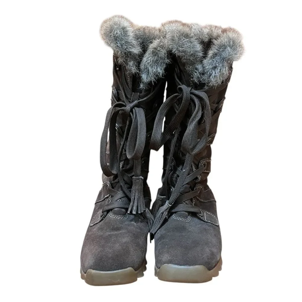 ZeroXposur Brown Suede Winter Boots Fur-Trimmed Tassel Tie Tall Warm